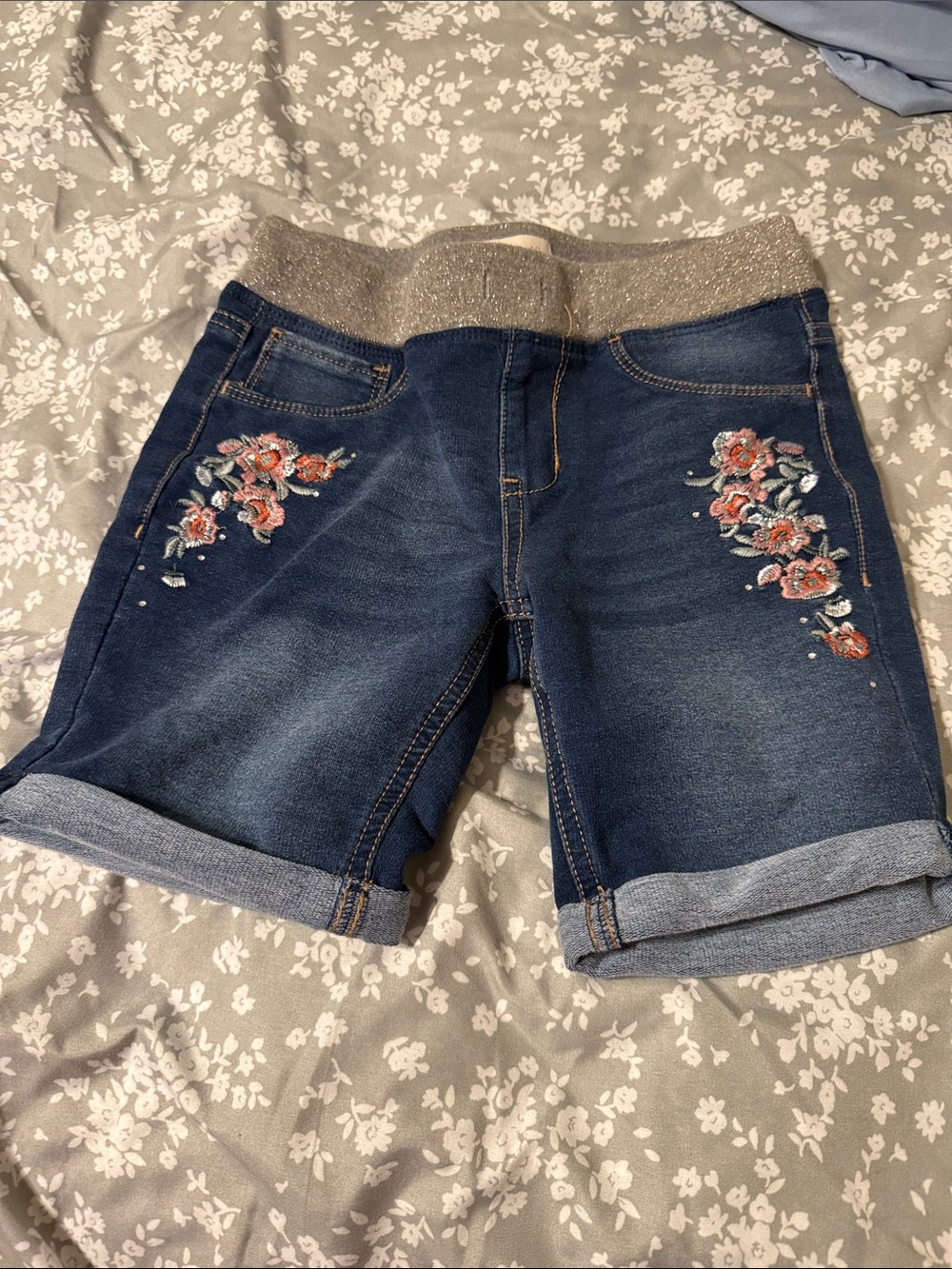 SO Dark Blue Denim Shorts with Pink Floral Embroidery and Gold Waistband